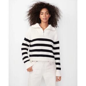 Kule The Matey Cream Black Stripe Chunky Cotton Knit Zip Collar Sweater womens S
